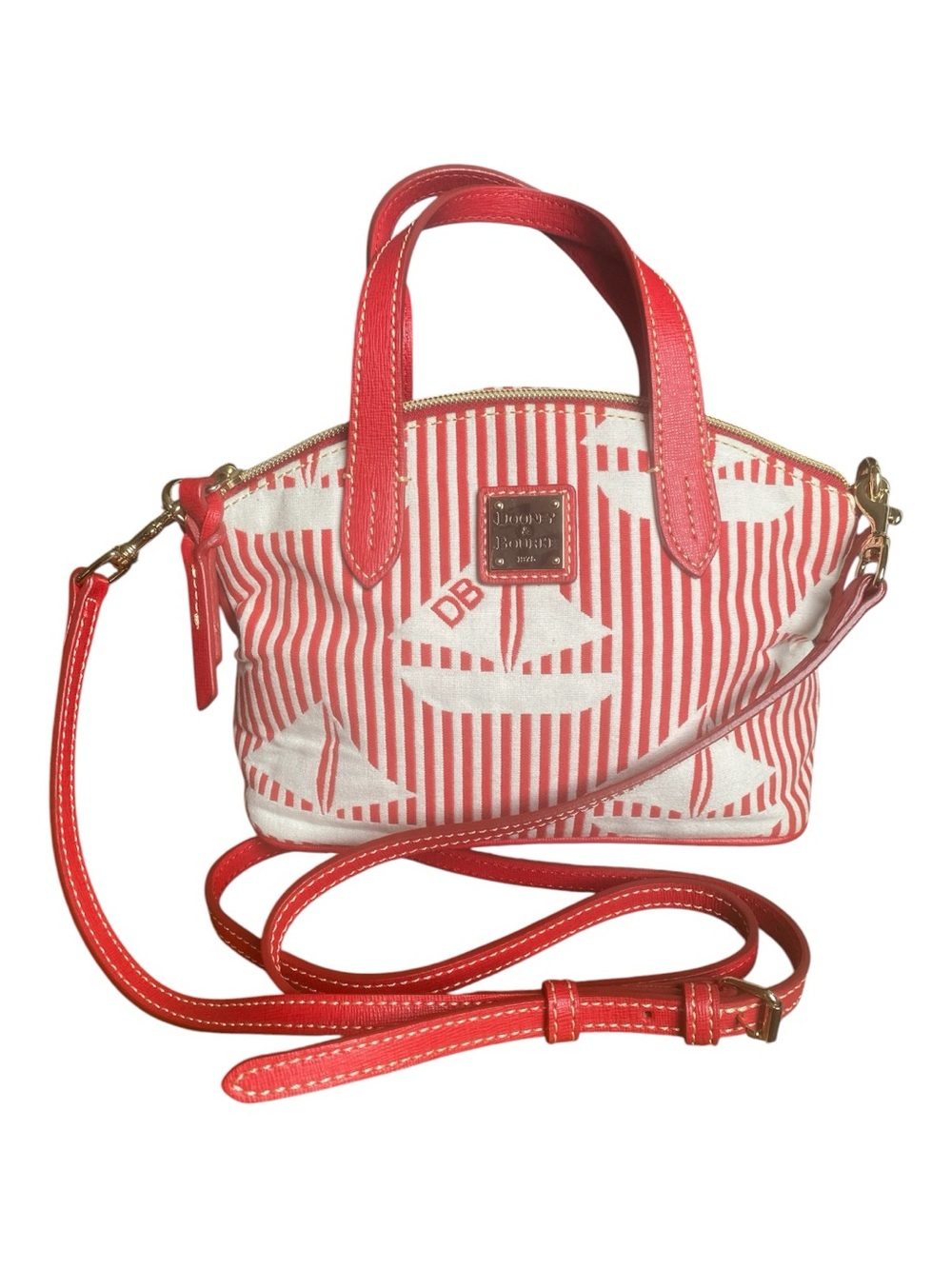 Dooney & Bourke Nautical Stripe Canvas Crossbody Satchel Sailboat Print Like New